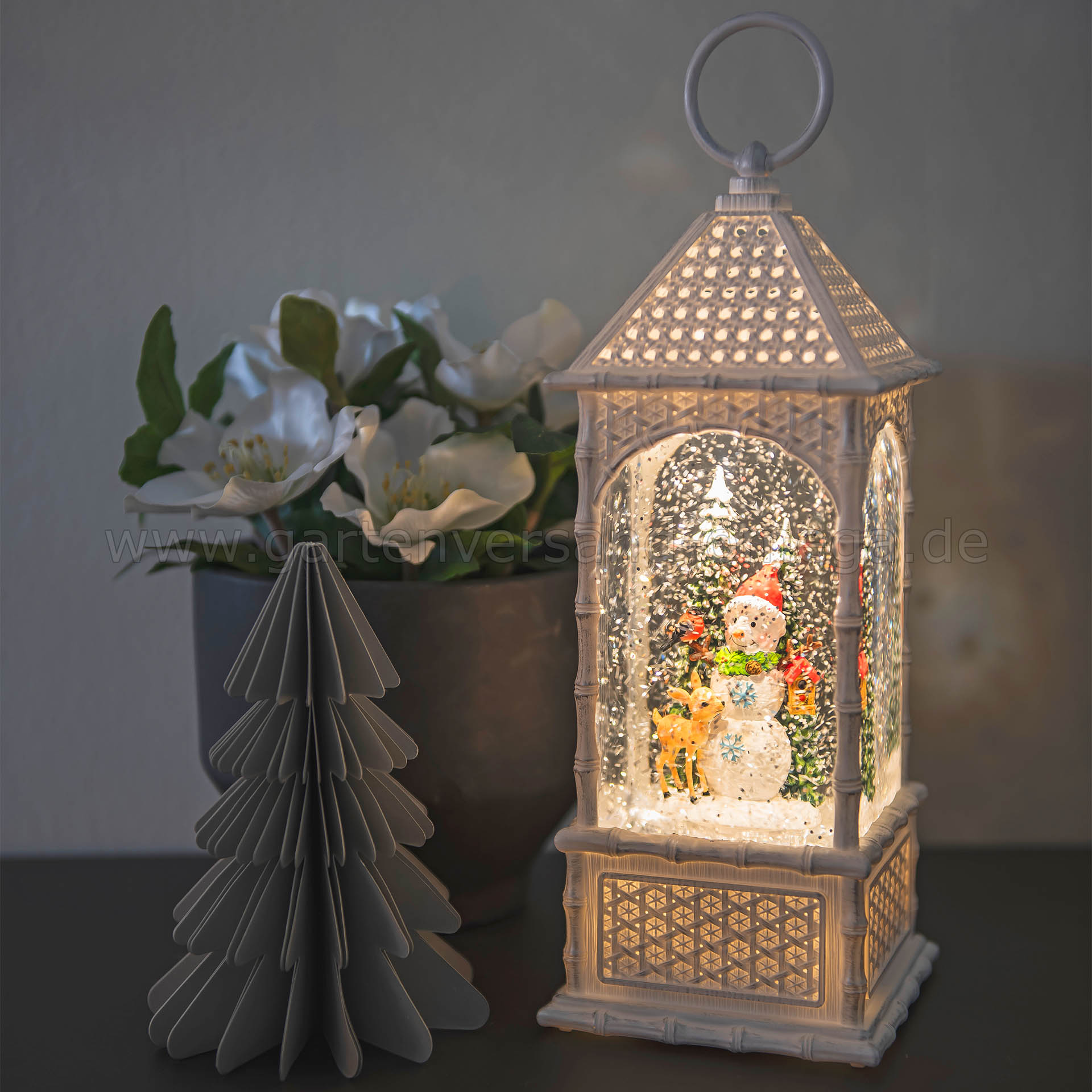 Gestaltungsidee LED Wasserlaterne Schneemann mit Reh