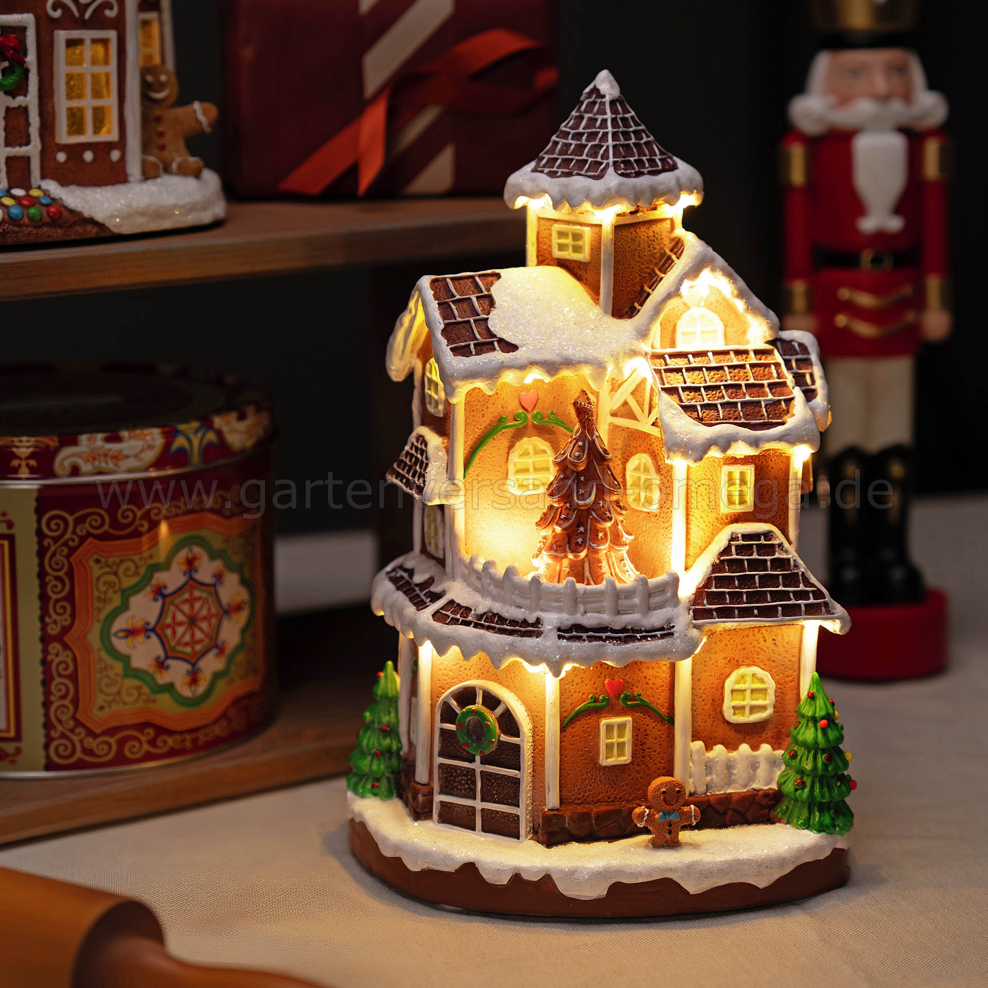 LED-Fiberoptikhaus Lebkuchenhaus mit rotierendem Weihnachtsbaum - Tischdekoration Weihnachten beleuchtet