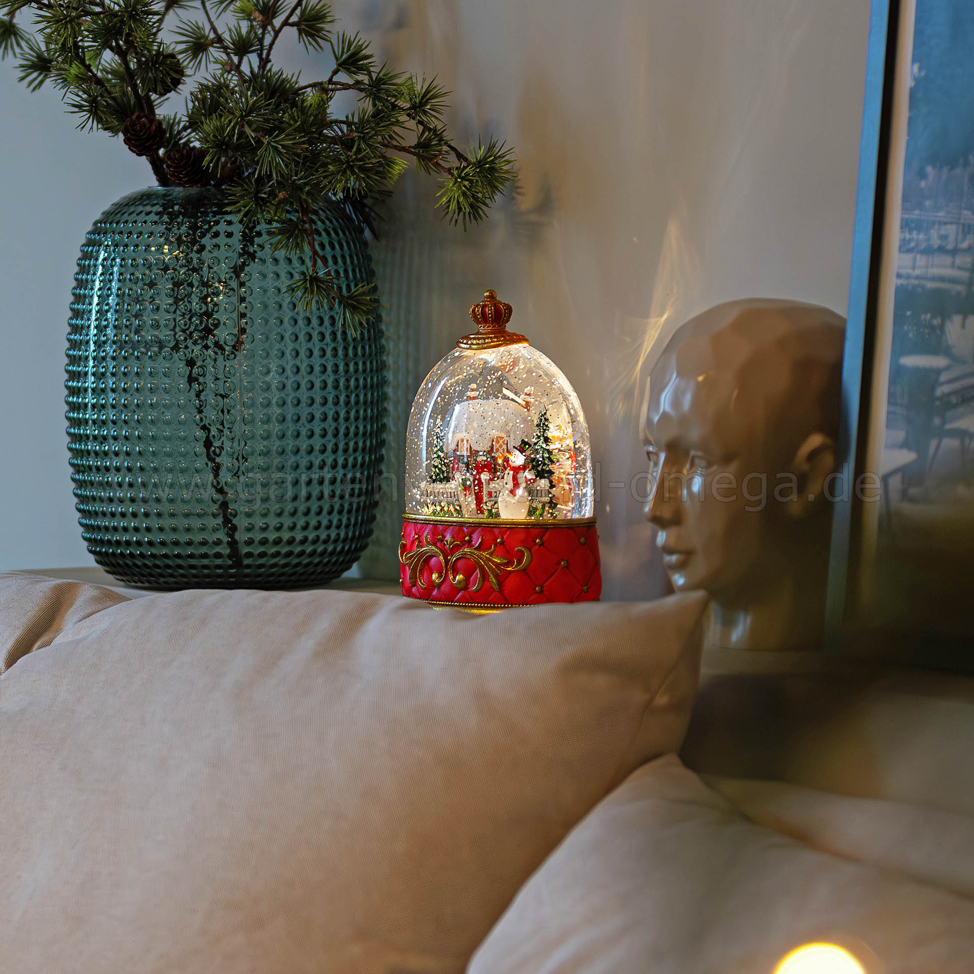 LED Wasserlaterne Rot Schneemann und Haus - Schneegestöber Laterne rot