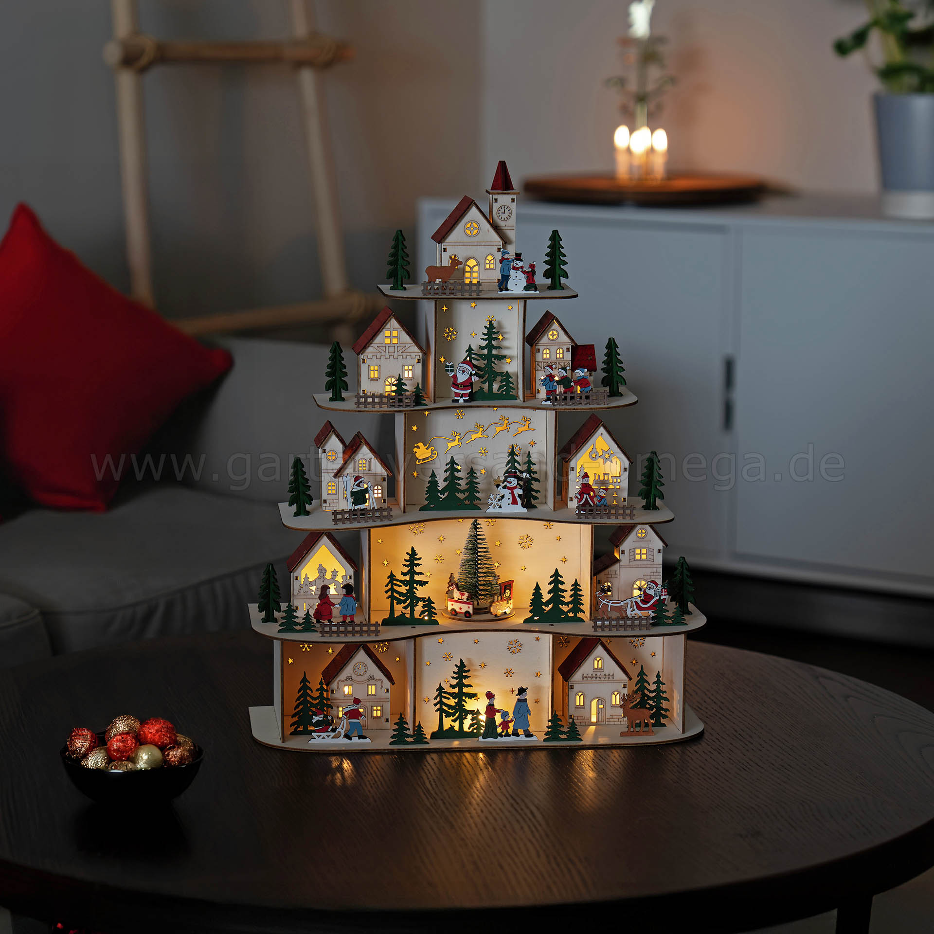 LED-Holzsilhouette Weihnachtsdorf 5 Ebenen - Miniatur Weihnachtsdorf beleuchtet