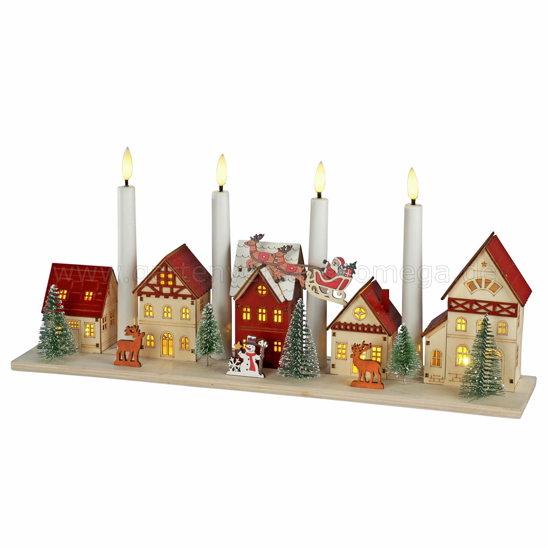 LED-Holzsilhouette Weihnachtsdorf mit 4 Kerzen