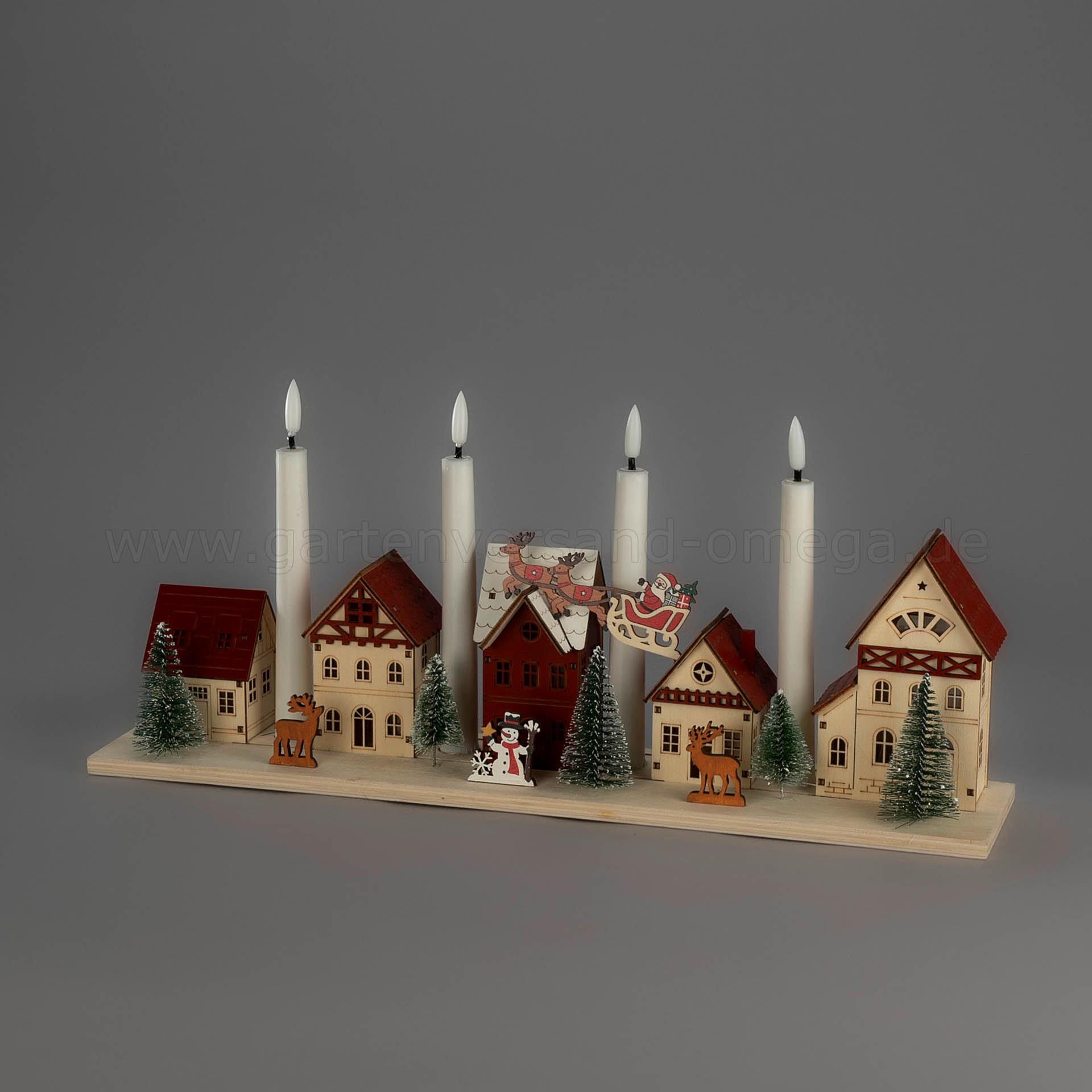LED-Holzsilhouette Weihnachtsdorf mit 4 Kerzen in ausgeschaltetem Zustand