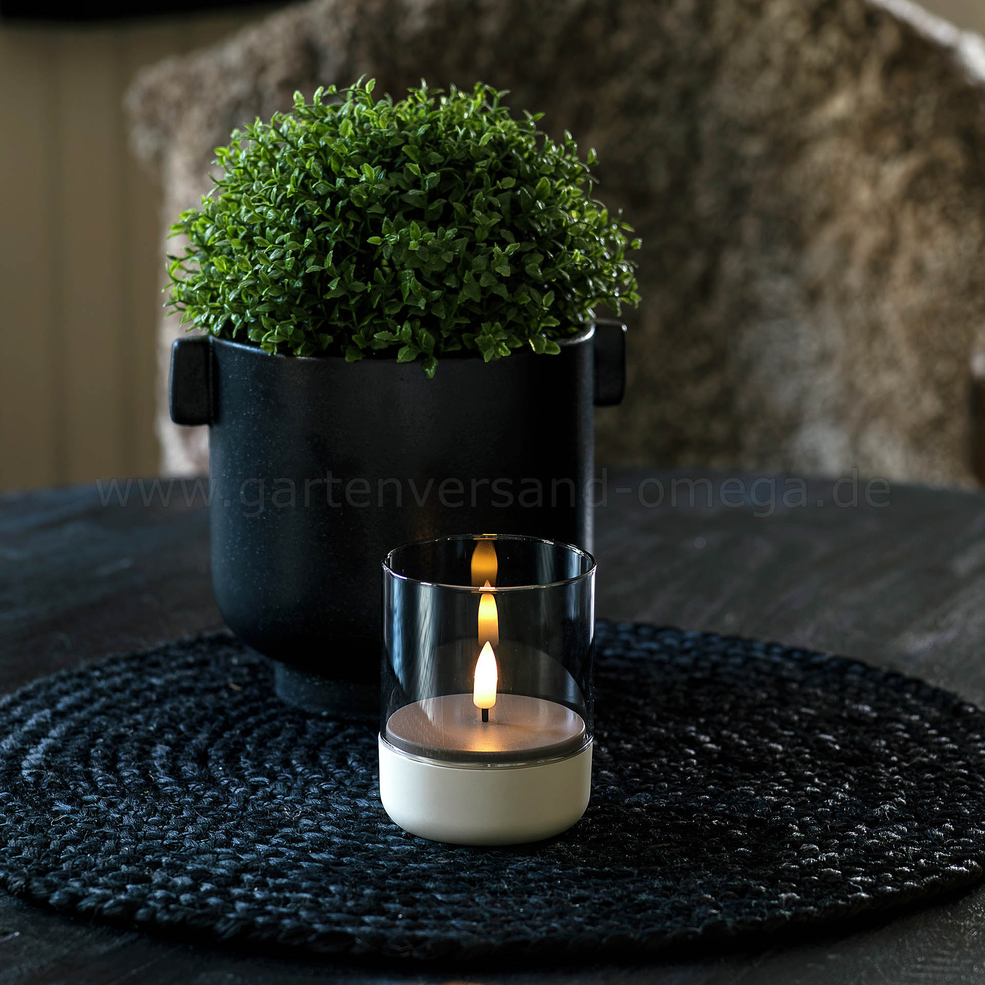 LED Kerze im Rauchglas Beige - Batterie Windlicht Warmweiß
