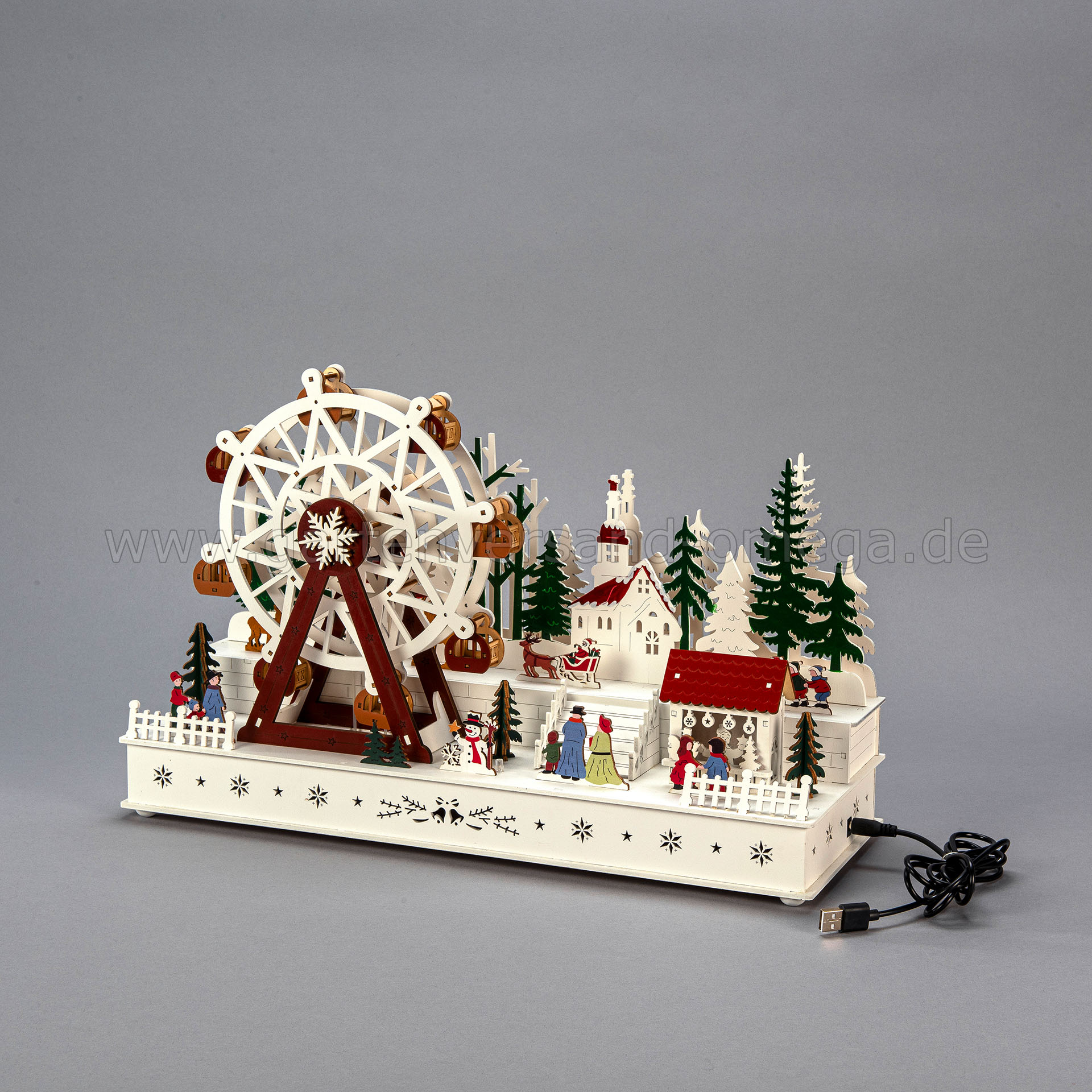 LED Holzdekoration Weihnachtsmarkt mit Riesenrad mit USB-Stecker