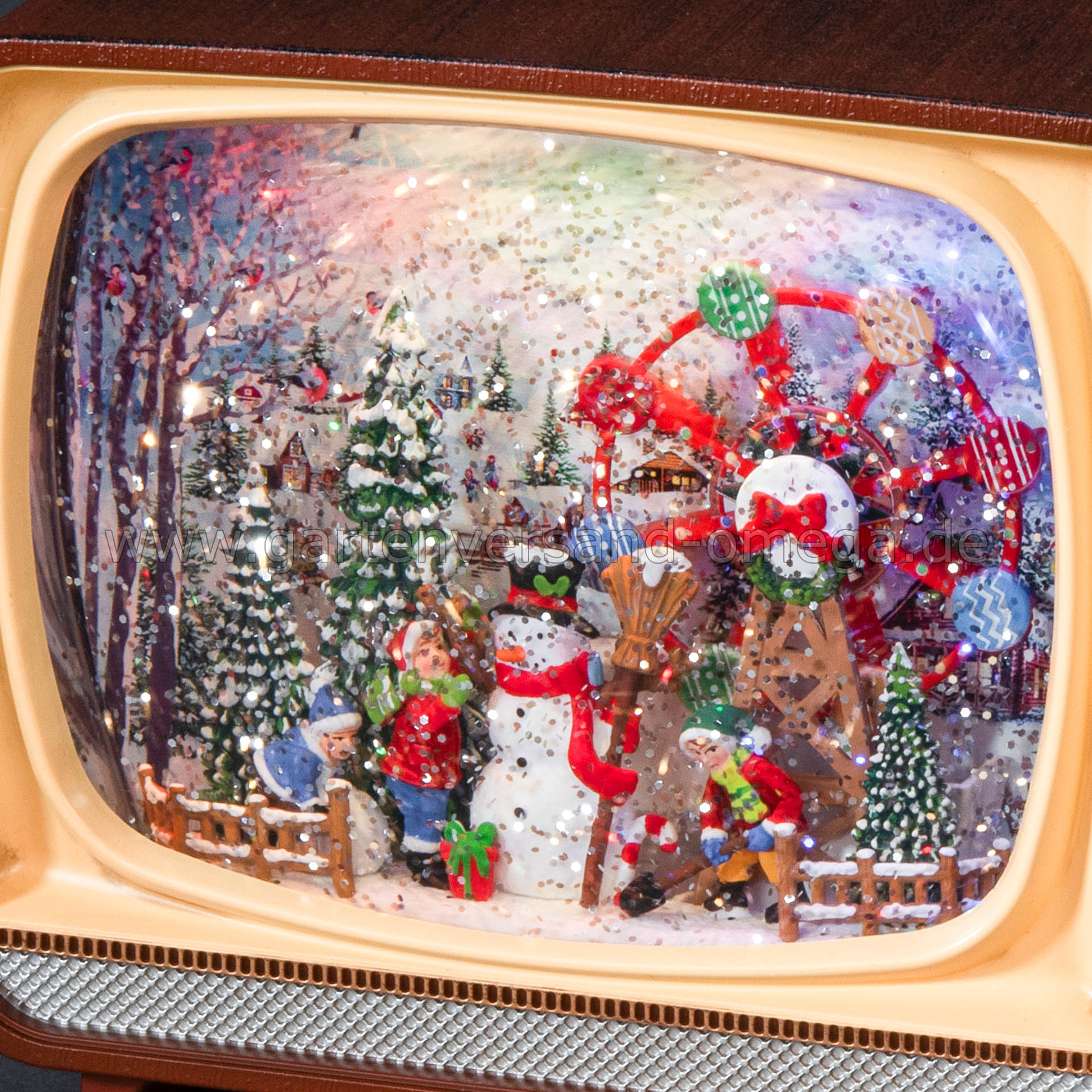Motiv im Detail von wassergefüllter LED-Dekoration Fernseher Schneemann