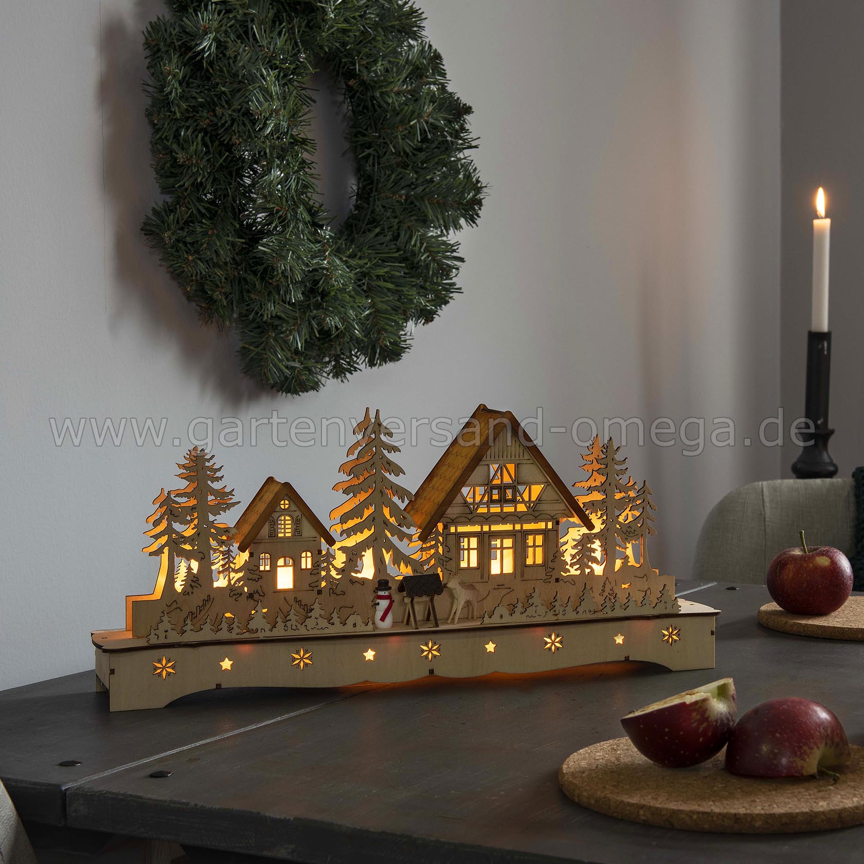 Weihnachtsdekoration LED-Holzleuchter Dorf mit Schneemann