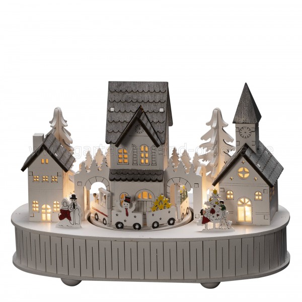 LED-Holzsilhouette Haus und Kirche mit Spieluhr